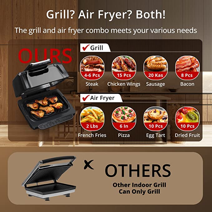 Indoor Grill Air Fryer Combo with See-Through Window, Zstar 7-in-1  Smokeless Electric Air Grill up to 450F, 1750W Contact Grill with Non-Stick  Removable Plates, Even Heat, Silicon Tongs as Gift, 4Qt 